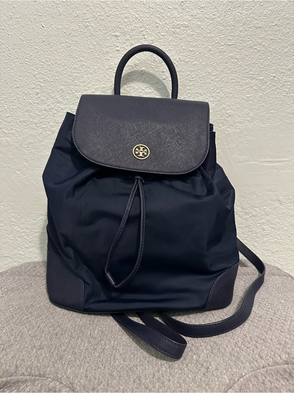 Tory Burch Piper Flap Nylon Logo Drawstring Backpack in Navy Blue